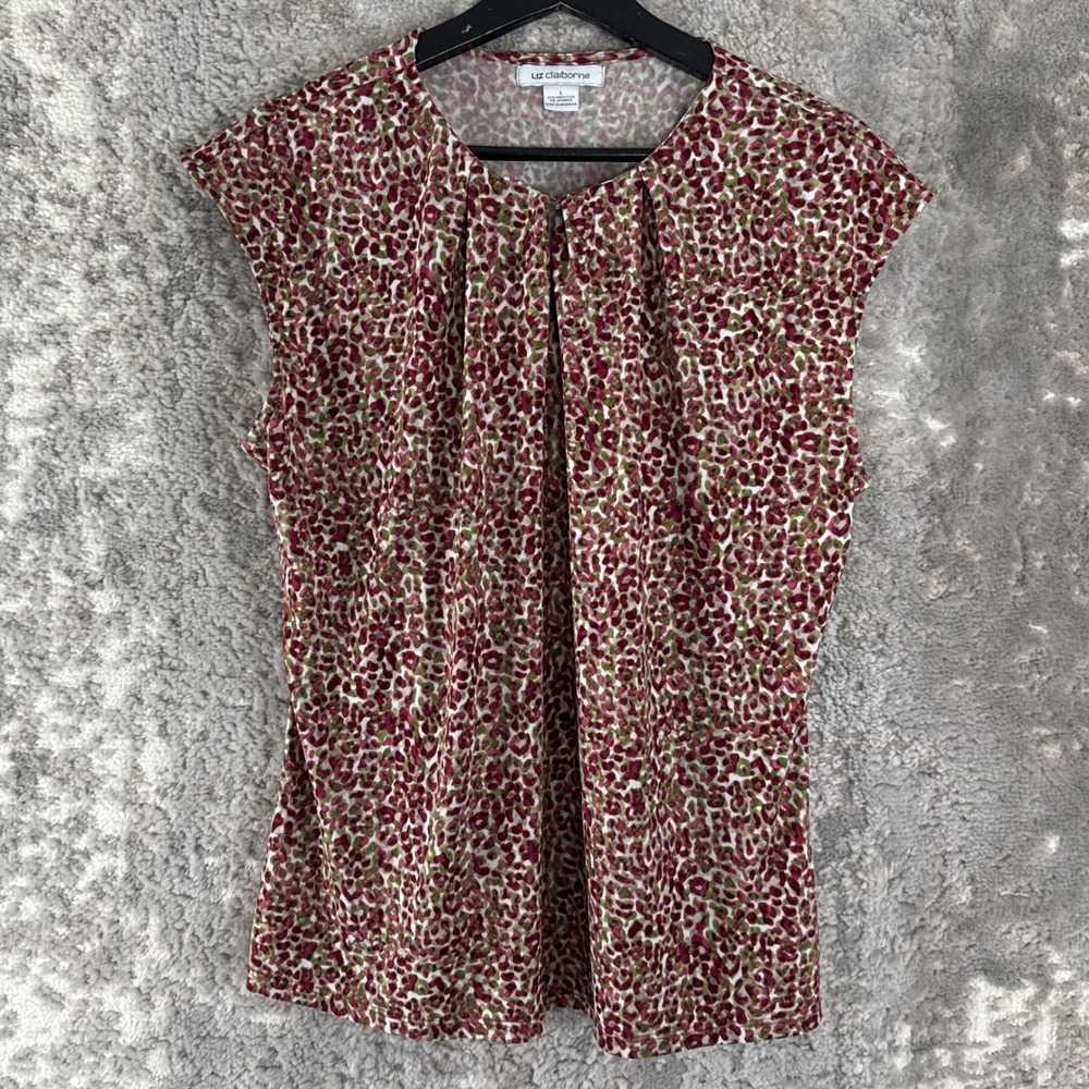 Liz Claiborne Size L Animal Print Pleated Neck Shell Top Multicolor Sleeveless